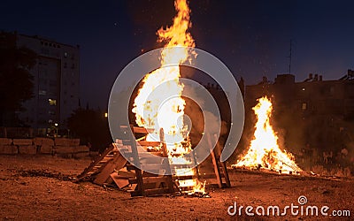 Lighting of bonfires at Jewish holiday of Lag Baomer Stock Photo