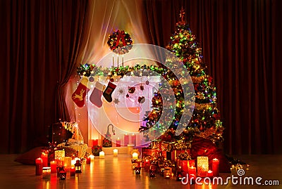 Lighting Christmas Tree, Xmas Fireplace and Stockings, New Year Stock Photo