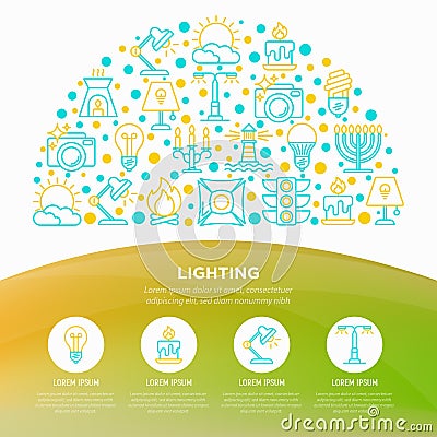 Lighting concept in half circle with thin line icons: bulb, LED, CFL, candle, table lamp, sunlight, spotlight, flash, candelabrum Cartoon Illustration