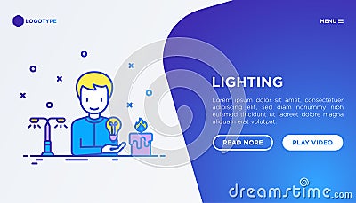 Lighting: man starting to use light bulb Vector Illustration