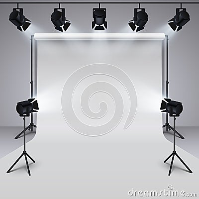 Lighting equipment and professional photography studio white blank background. 3d vector illustration Vector Illustration