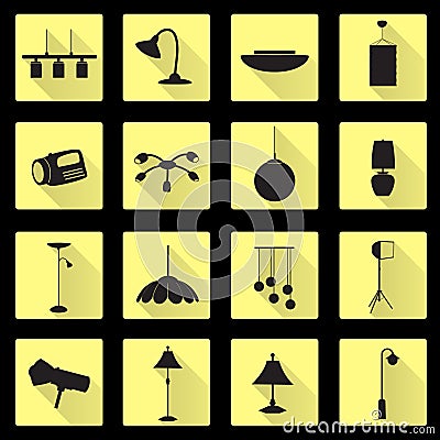 Lighting flat black and yellow icons set Vector Illustration