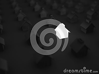 Lighting House Amoung Others In The Dark. Real Estate Concept Stock Photo