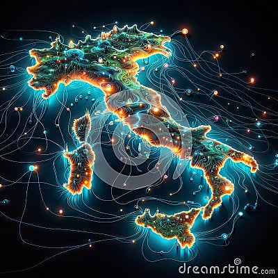 Lighting Italy's Way: Power Map with Nodes Aglow, generative ai Stock Photo