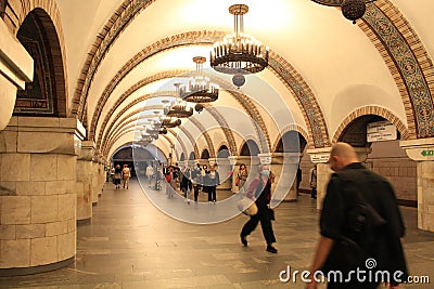 Lighting in the Kiev metro is stylized in antique style Editorial Stock Photo