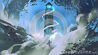 Lighting the lighthouse with magic Cartoon Illustration