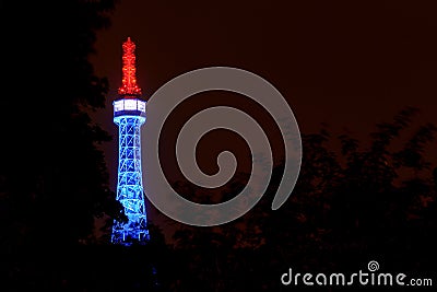 Lighting Petrin lookout tower in Prague at night Editorial Stock Photo