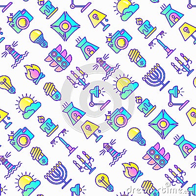 Lighting seamless pattern with thin line icons: bulb, LED, CFL, candle, table lamp, sunlight, spotlight, flash, candelabrum, Vector Illustration
