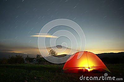 Lighting Tent, Etna Mount And Stars Trails, Sicily Stock Photo