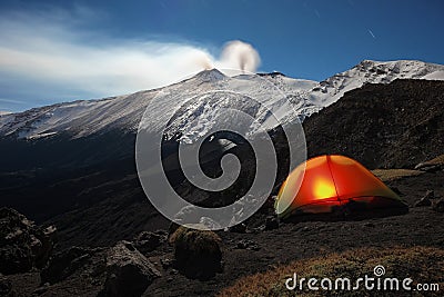 Moonlight Winter Camp On Etna Park, Sicily Stock Photo