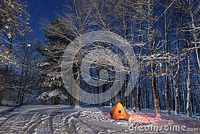 Lighting Tent In Snowy Woods Of Nebrodi Park, Sicily Stock Photo