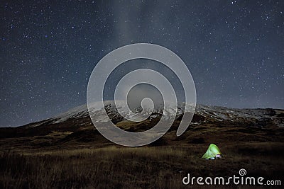 Lighting Tent Under Winter Etna Mount And Starry Night, Sicily Stock Photo