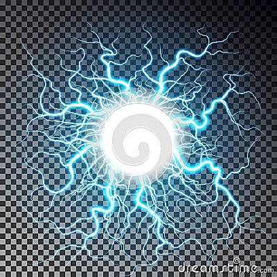 Lightning ball isolated on dark checkered background. Transparent round thunderbolt effect. Realistic lightning decoration pattern Cartoon Illustration