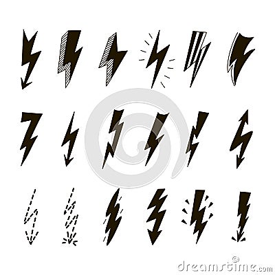 Lightning black silhouette and dash line vector illustrations set Vector Illustration