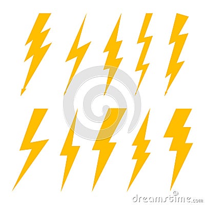 Lightning bolt. Flash of thunderbolt. Icon of thunder, thunderstorm and electric power. Orange logo of shock. Symbol for storm and Vector Illustration