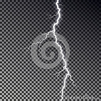 Lightning bolt isolated on dark checkered background. Transparent thunderbolt flah effect. Realistic Vector Illustration