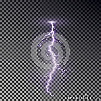 Lightning bolt isolated on dark checkered background. Transparent thunderbolt flah effect. Realistic Vector Illustration