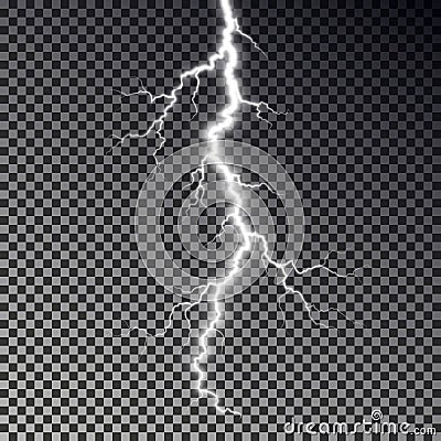 Lightning bolt isolated on dark checkered background. Transparent thunderbolt flah effect. Realistic Vector Illustration