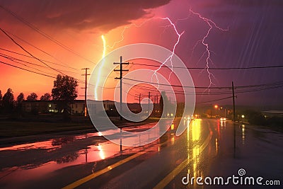 lightning bolt and rainbow during a stormy sunset Stock Photo