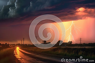 lightning bolt and rainbow during a stormy sunset Stock Photo