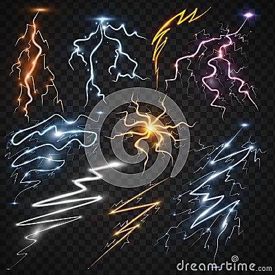 Lightning bolt storm strike realistic 3d light thunder-storm magic and bright lighting effects vector illustration. Vector Illustration