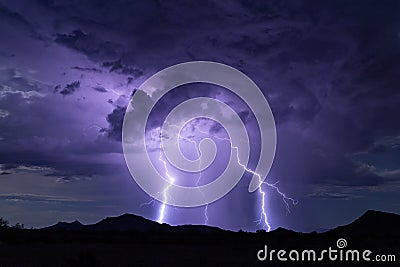 Lightning bolt thunderstorm background with rain and storm clouds. Stock Photo