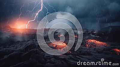 A lightning bolting through the sky over a lava field. AI generative image. Stock Photo