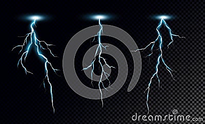 Lightning bolts realistic vector illustrations set. Thunderstorm electricity discharge isolated on transparent Vector Illustration