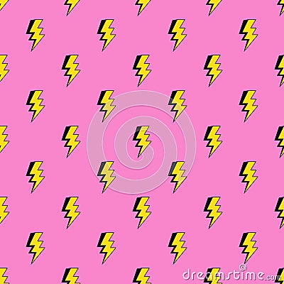 Lightning bolts seamless pattern in cartoon, comic style. Thunder lights wallpaper. Bright pink background. Vector Illustration