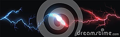 Lightning. Collision of blue and red thunderbolts. Flash and explosion in dark. Horizontal energy flows. Opposition of Vector Illustration