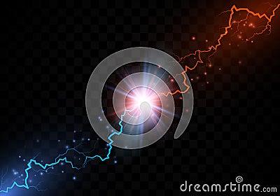 Lightning collision. Red and blue electric lightning collision. Versus abstract background with thunderbolt. Vector Vector Illustration