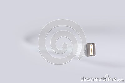 Lightning connector - a small connector for Apple`s mobile devices on white background. Shallow depth of field and copy space. Editorial Stock Photo