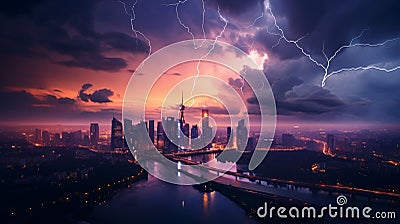 Lightning in the distance behind a cluster of skyscrapers, AI Generative Stock Photo