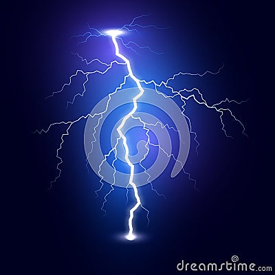 Lightning flash bolt. Thunderbolt isolated on dark background. Blue lightning template. Vector illustration Vector Illustration
