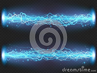 Lightning flash discharge of electricity on transparent background. Blue electrical visual effect. EPS 10 Vector Illustration