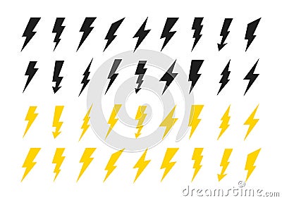 Lightning icons set. Thunder and Bolt. Flash icon. Lightning bolt. Black and yellow silhouette. Vector Illustration. Vector Illustration