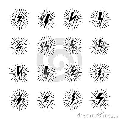 Lightning icons. Thunderbolt thunder flash light bolts power volt battery charge speed arrow strike electrical poster Vector Illustration