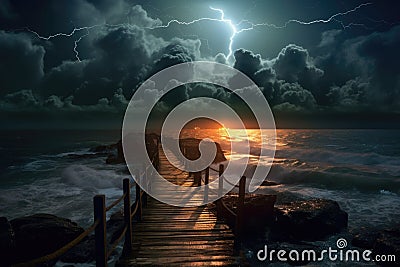 lightning illuminating a path through a moonlit ocean Stock Photo