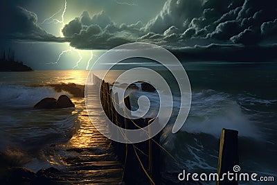 lightning illuminating a path through a moonlit ocean Stock Photo