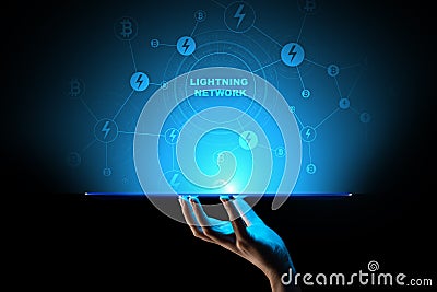 Lightning network communication in cryptocurrency technology. Bitcoin and internet payment concept on virtual screen. Stock Photo