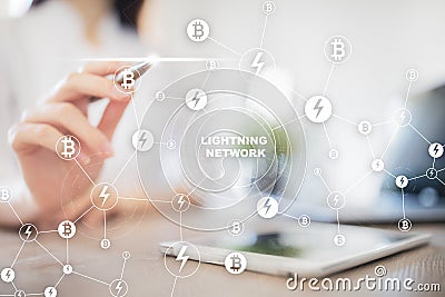 Lightning network - second layer payment protocol that operates on top of a blockchain. Bitcoin, cryptocurrency Stock Photo