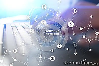 Lightning network - second layer payment protocol that operates on top of a blockchain. Bitcoin, internet payment. Stock Photo