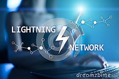 Lightning network - second layer payment protocol that operates on top of a blockchain. Bitcoin, internet payment. Stock Photo