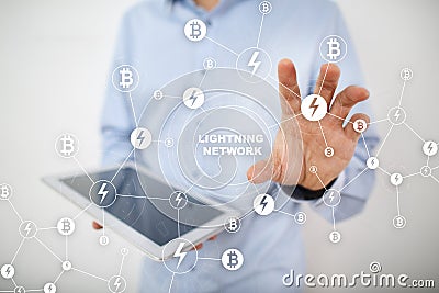 Lightning network - second layer payment protocol that operates on top of a blockchain. Bitcoin, cryptocurrency Stock Photo