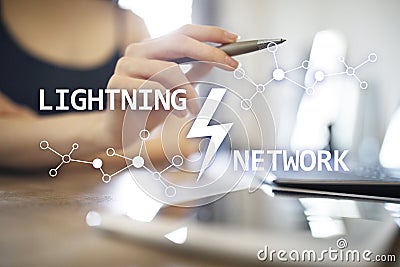 Lightning network - second layer payment protocol that operates on top of a blockchain. Bitcoin, internet payment. Stock Photo