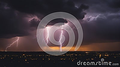 lightning in the night A city glows with life as a lightning storm flashes in the purple sky. Stock Photo