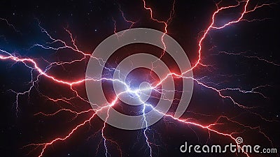 lightning in the night A cosmic dance of forces, where the lightning is the leader, and the positive and negative ions Stock Photo