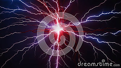lightning in the night sky A striking image of a lightning bolt with positive and negative ions. The lightning is bright Stock Photo