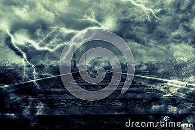 Lightning over Railroad Stock Photo
