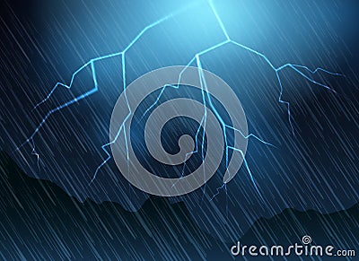 Lightning and rain blue background Vector Illustration